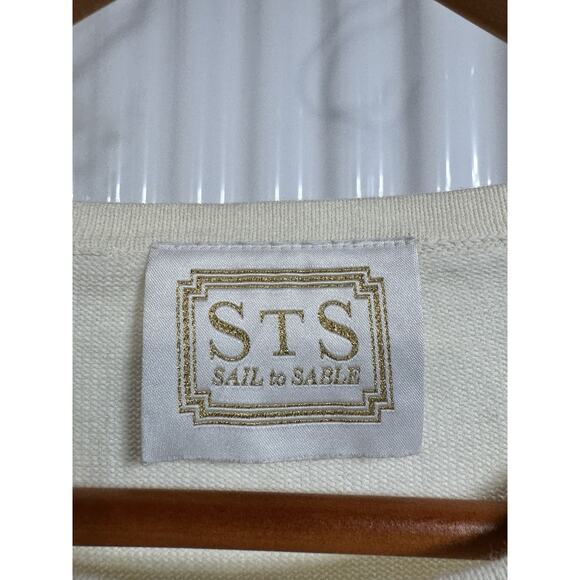 Sail to Sable Sweater Women’s Large. Ivory Knit Cotton Blend With Rag Fringe - Picture 2 of 7